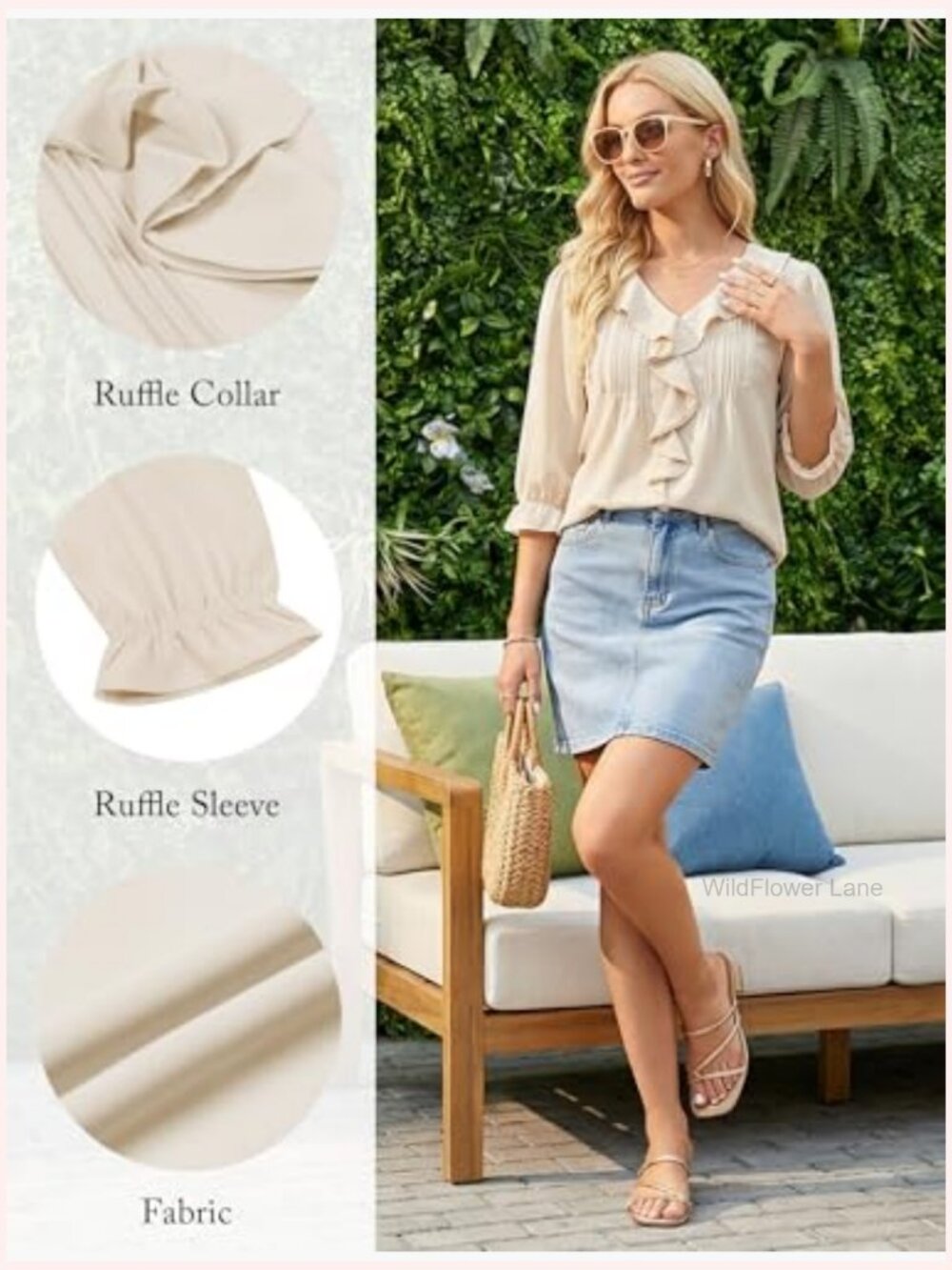 Victorian Ruffle Blouse 3/4 Sleeve V-Neck Business Casual Top Summer Work Shirt - Picture 4 of 6